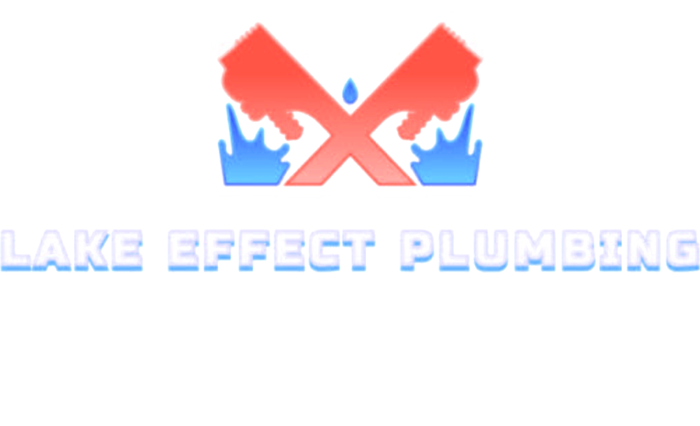 Lake Effect Plumbing logo: crossed red pipe wrenches with blue water splashes above the Lake Effect Plumbing wordmark, with silver pipes and a faucet below